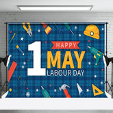 Lofaris Navy Blue Plaid 1st May Happy Labour Day Backdrop